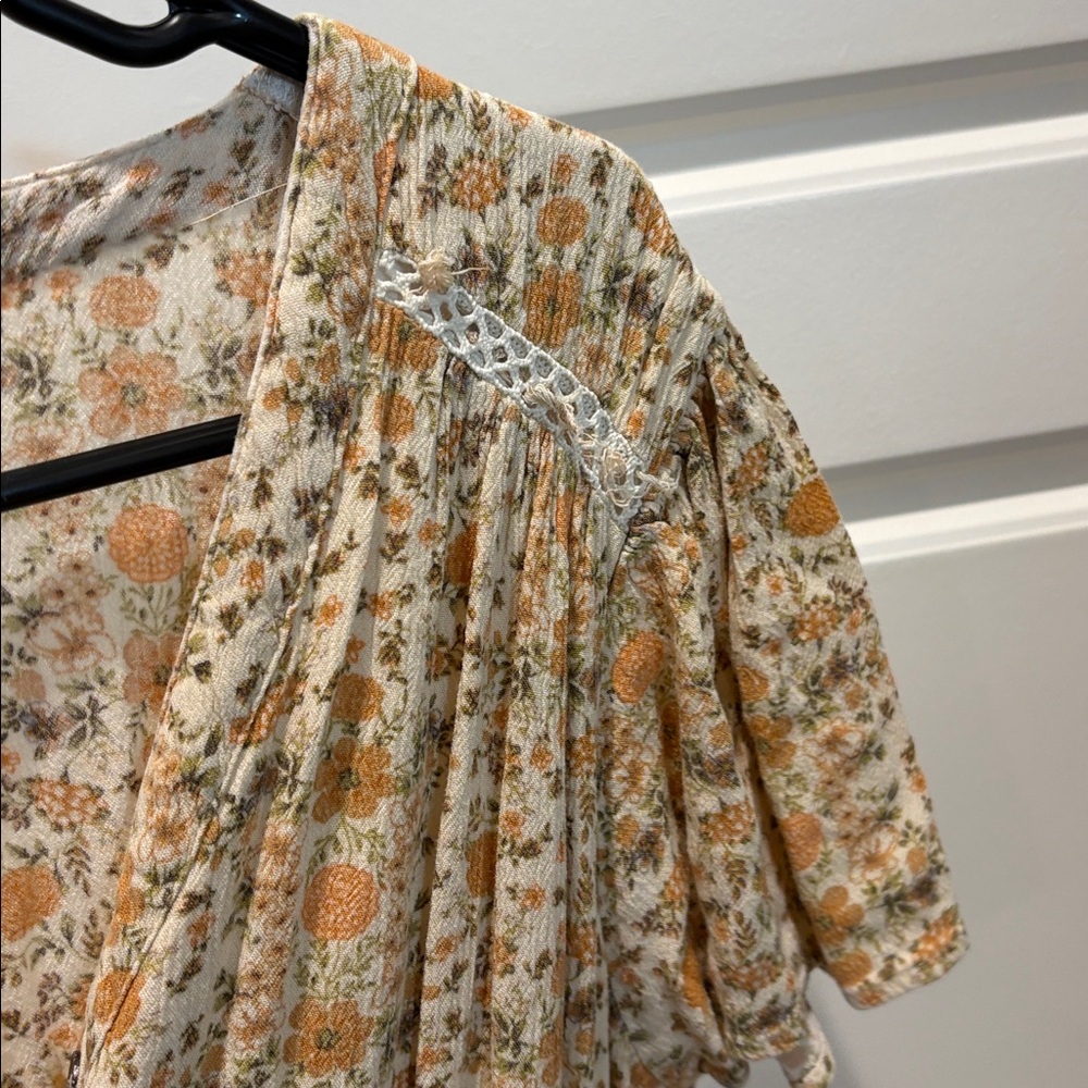 Cotton Rye Floral Half Button Up Tie Waist Midi Dress in Yellow Cream and Green - Picture 6 of 6